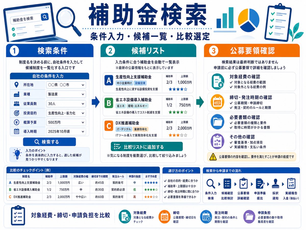 補助金検索で補助金を探すには?候補比較と選び方の要点を整理した図解