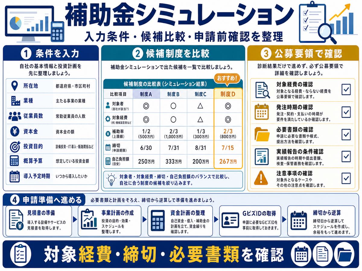 補助金シミュレーションで使える補助金を絞るには？入力条件と結果の見方の要点を整理した図解