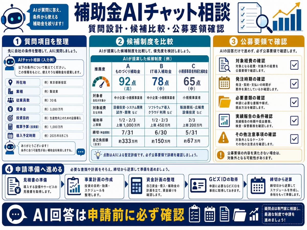 AIチャット相談で使える補助金を絞るには?入力条件と結果の見方の要点を整理した図解