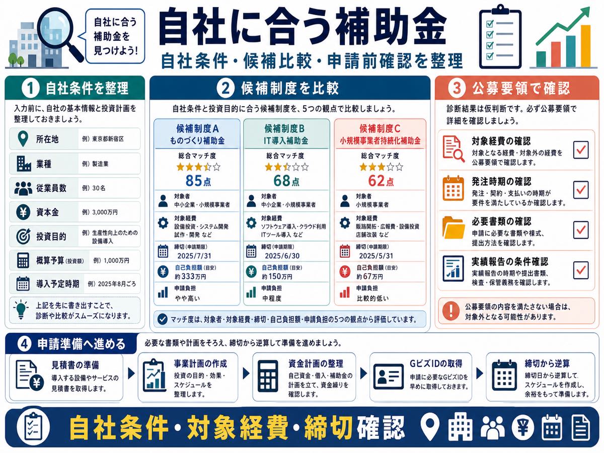 自社に合う補助金はどう探す?診断前に見るべき条件の要点を整理した図解