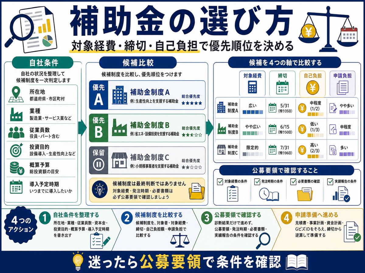 どの補助金を選ぶべき?自社に合う制度の見分け方の要点を整理した図解