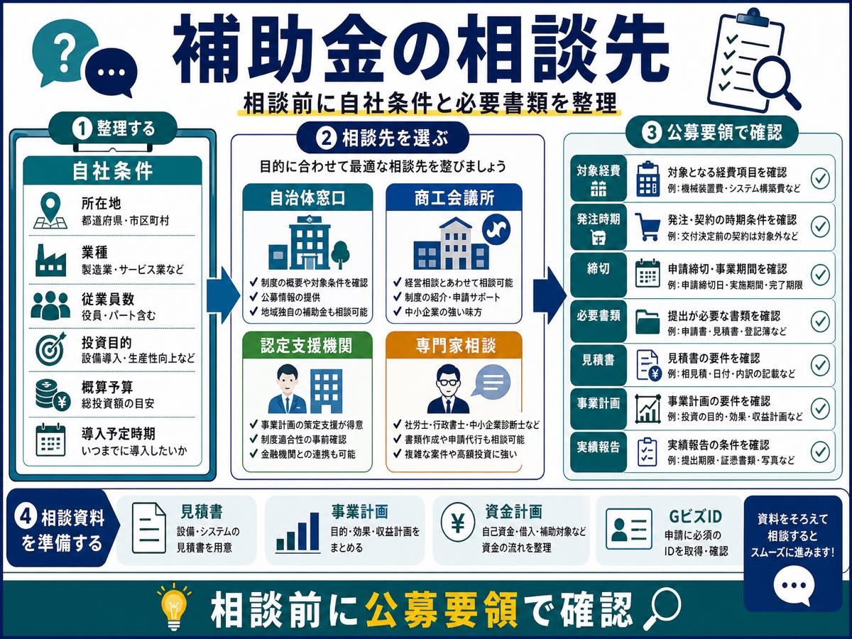補助金はどこに相談すべき?申請前の相談先ガイドの要点を整理した図解