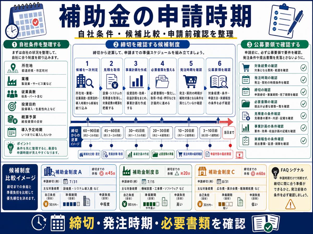 補助金はいつ申請する?締切前に準備することの要点を整理した図解