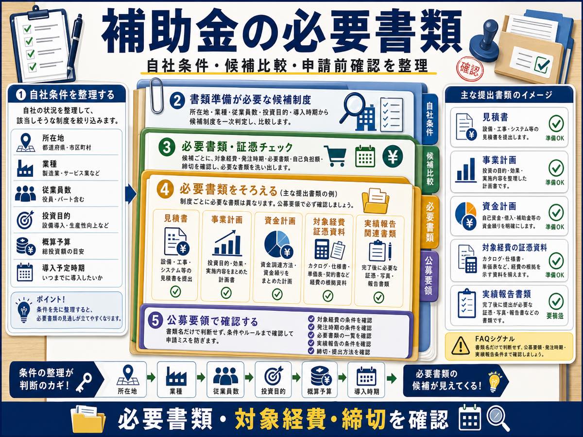 補助金の必要書類は何?申請前にそろえる書類と確認点の要点を整理した図解