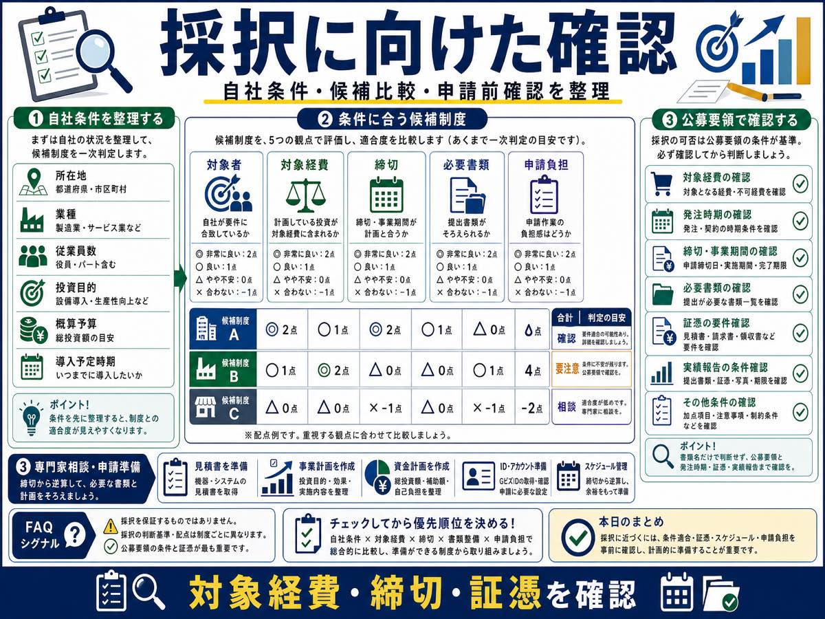補助金で採択されるには?申請前に見るべき条件の要点を整理した図解