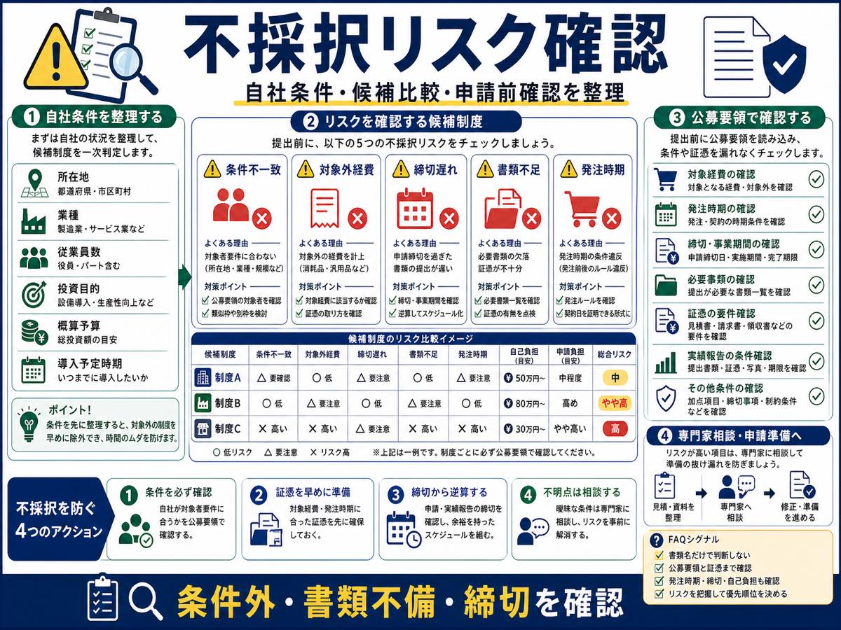 補助金が不採択になる理由は?申請前に防ぐチェックポイントの要点を整理した図解