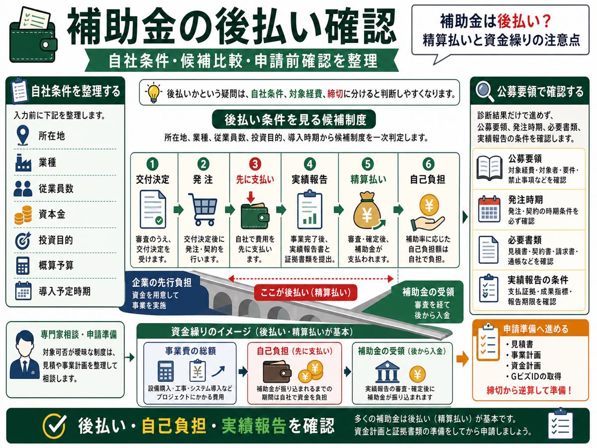補助金は後払い?精算払いと資金繰りの注意点の要点を整理した図解