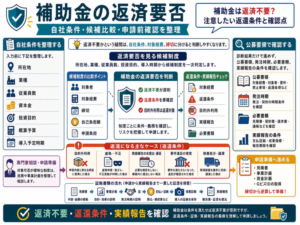 補助金は返済不要?注意したい返還条件と確認点の要点を整理した図解