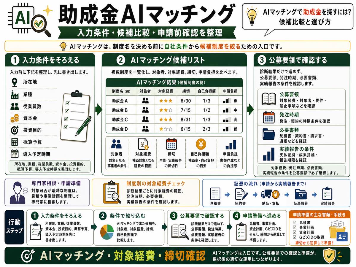 AIマッチングで助成金を探すには？候補比較と選び方の要点を整理した図解