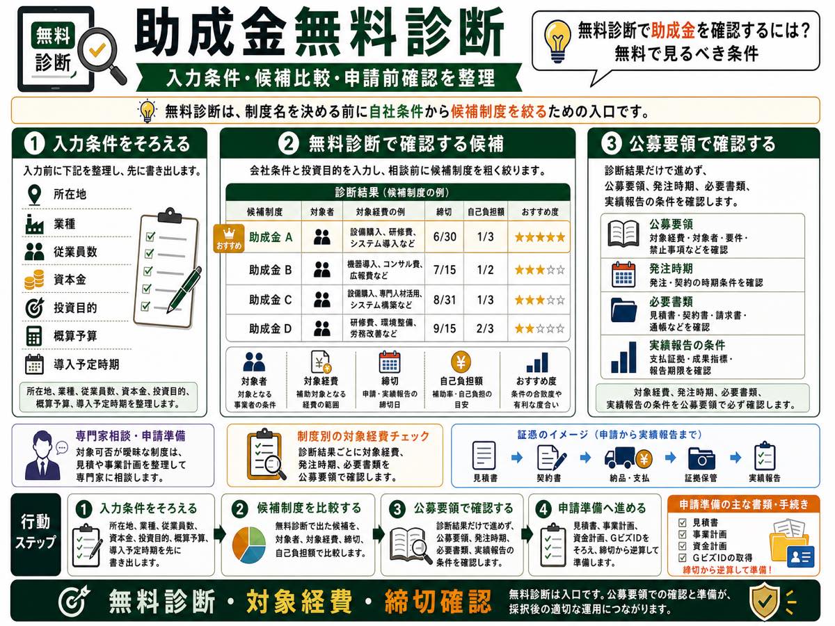 無料診断で助成金を確認するには?無料で見るべき条件の要点を整理した図解