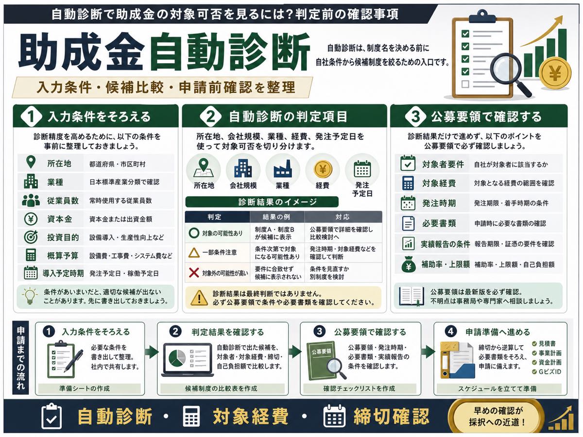 自動診断で助成金の対象可否を見るには?判定前の確認事項の要点を整理した図解