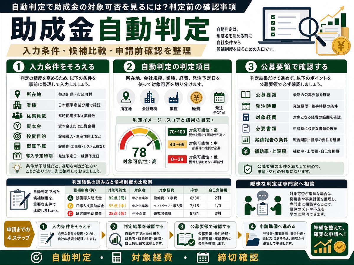 自動判定で助成金の対象可否を見るには?判定前の確認事項の要点を整理した図解