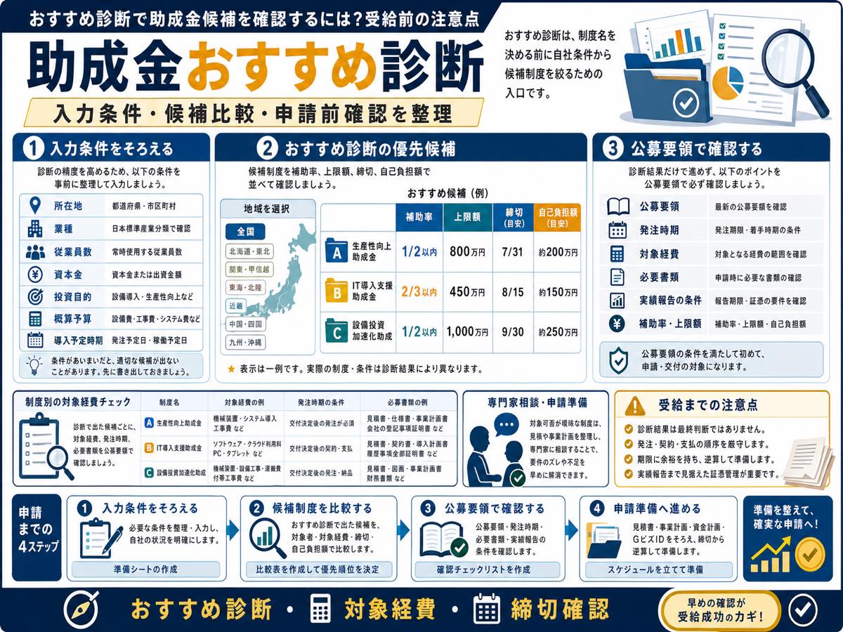 おすすめ診断で助成金候補を確認するには？受給前の注意点の要点を整理した図解